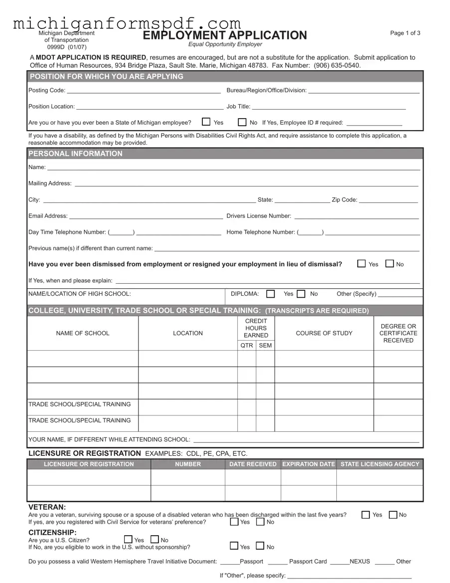 Fill Your Michigan 0999D Template
