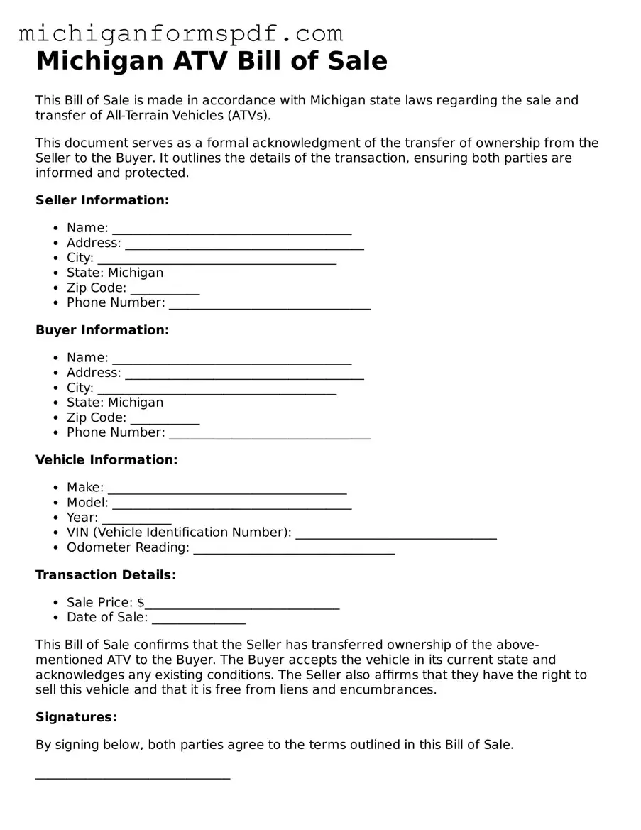 Fillable  ATV Bill of Sale Form for Michigan
