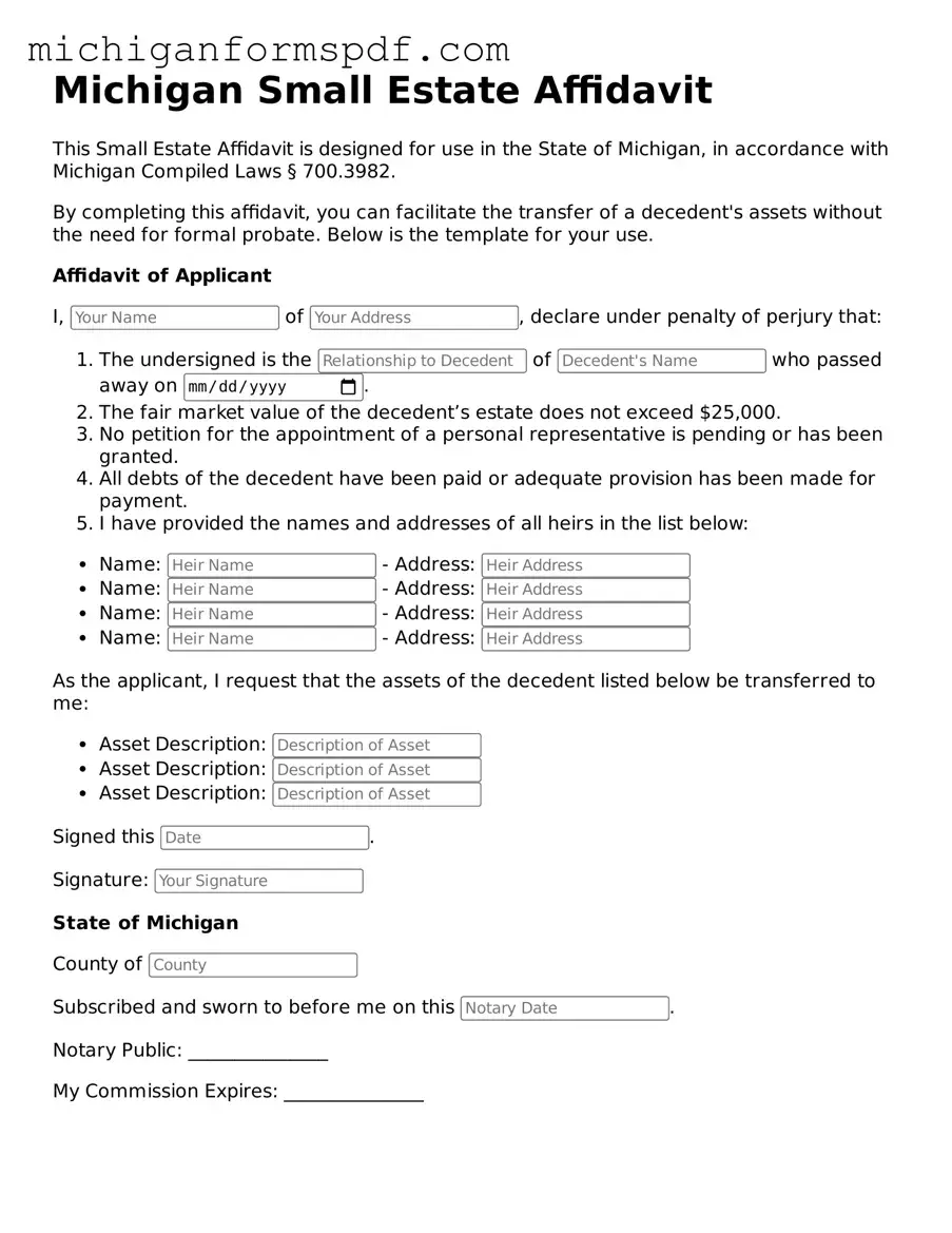 Fillable Small Estate Affidavit Form for Michigan