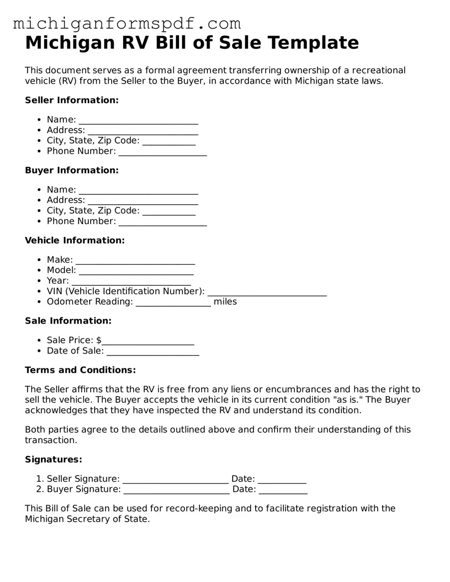 Fillable  RV Bill of Sale Form for Michigan