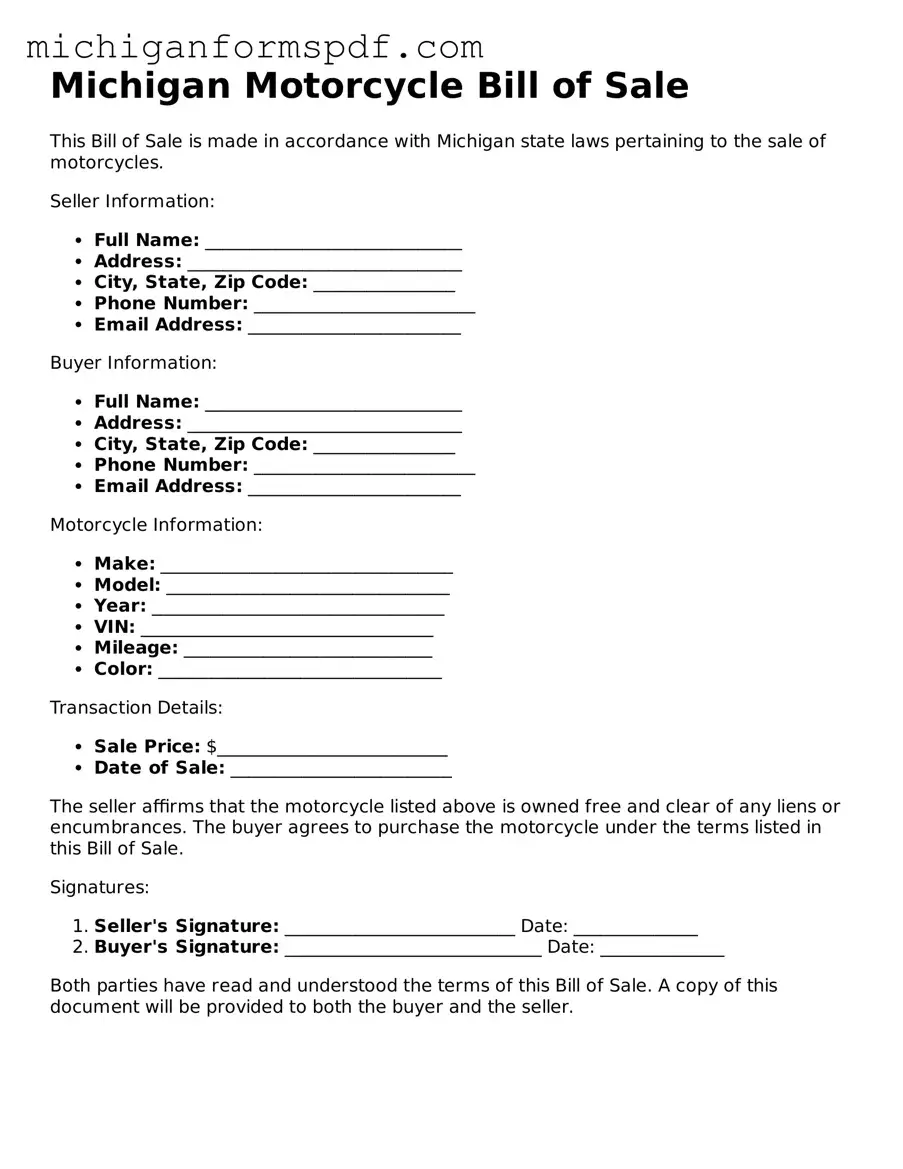 Fillable Motorcycle Bill of Sale Form for Michigan