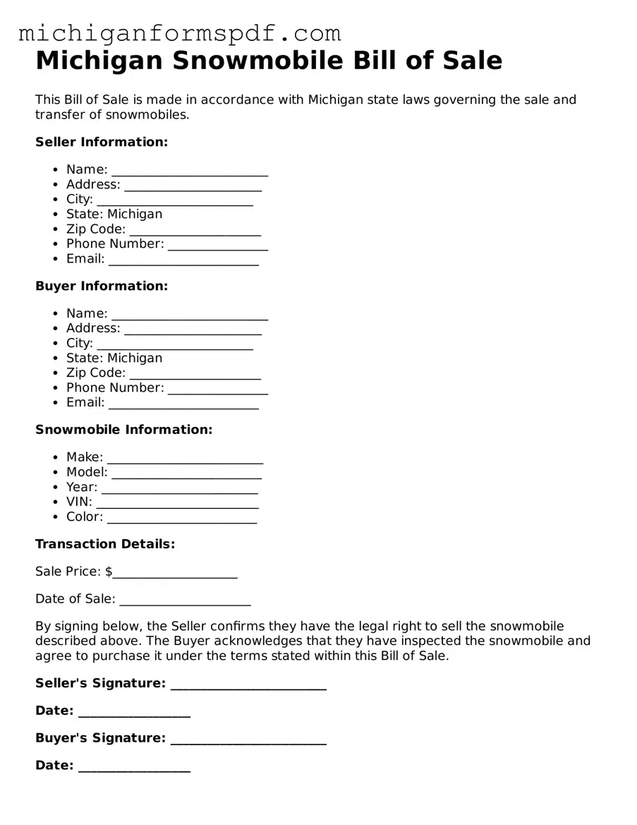 Fillable  Snowmobile Bill of Sale Form for Michigan