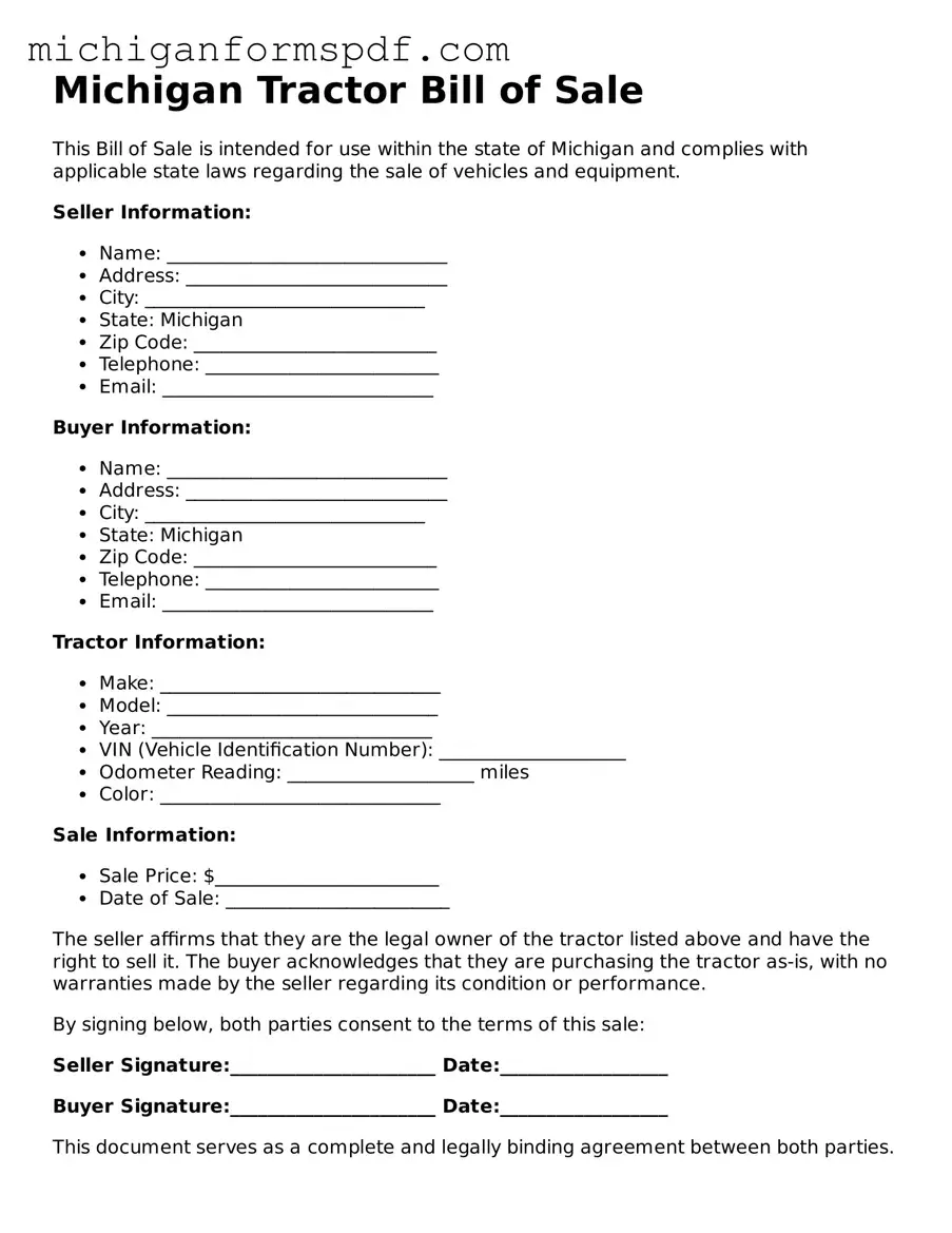 Fillable  Tractor Bill of Sale Form for Michigan