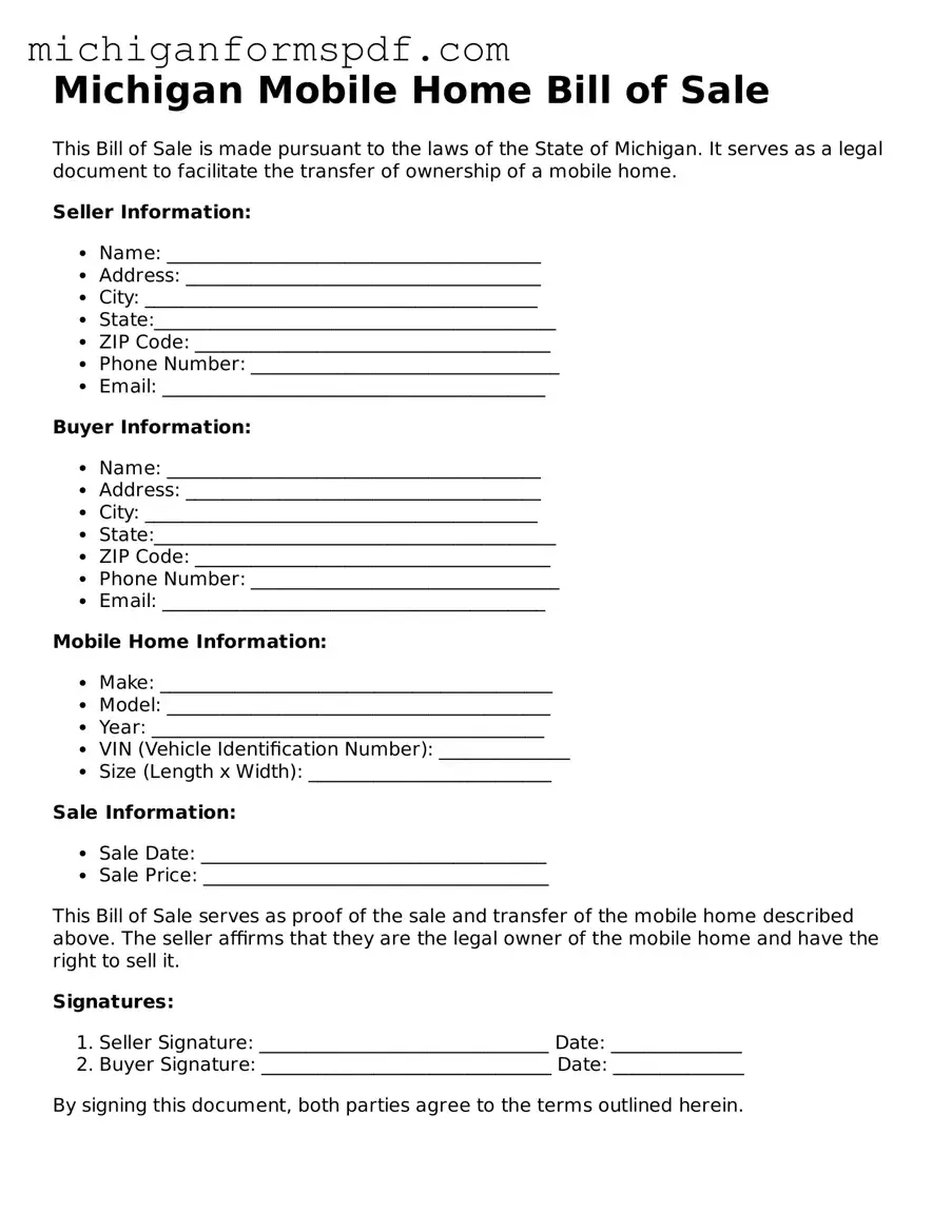 Fillable  Mobile Home Bill of Sale Form for Michigan