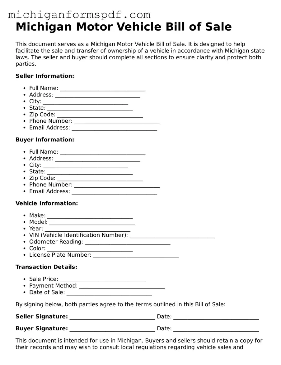 Fillable  Motor Vehicle Bill of Sale Form for Michigan