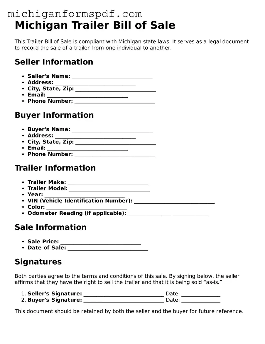 Fillable  Trailer Bill of Sale Form for Michigan