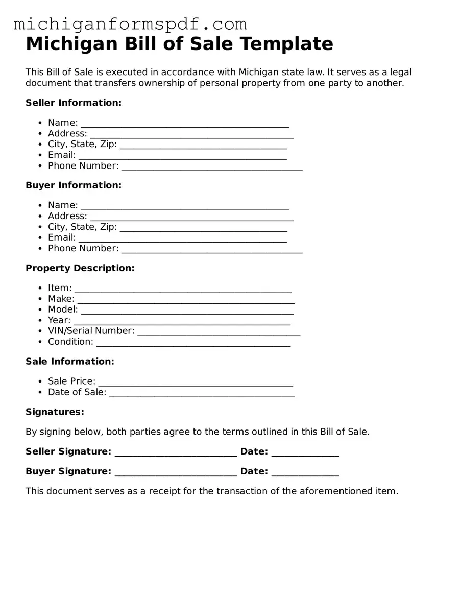 Fillable  Bill of Sale Form for Michigan