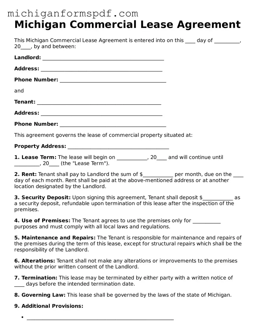 Fillable  Commercial Lease Agreement Form for Michigan