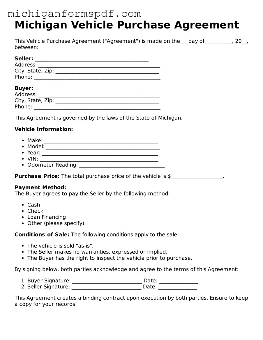 Fillable  Vehicle Purchase Agreement Form for Michigan