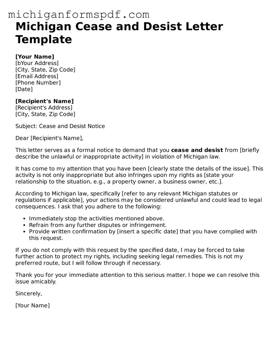Fillable  Cease and Desist Letter Form for Michigan