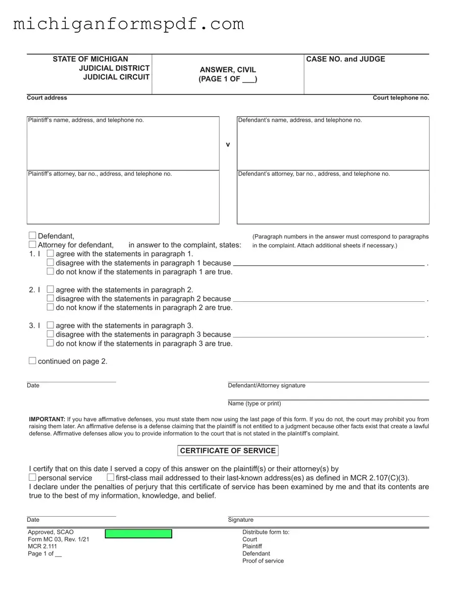 Fill Your Michigan Civil Template