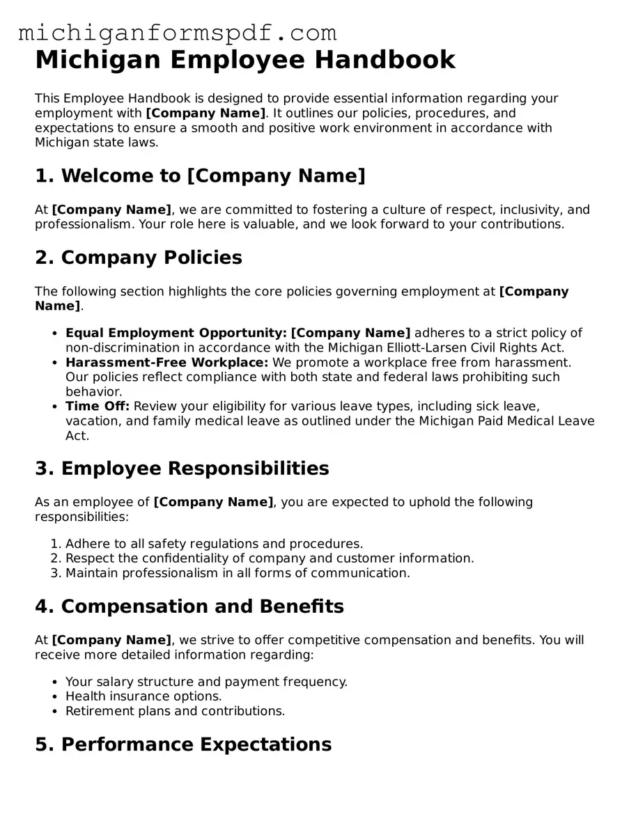 Fillable  Employee Handbook Form for Michigan