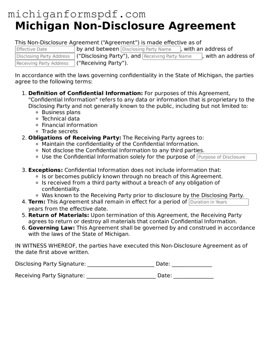 Fillable Non-disclosure Agreement Form for Michigan