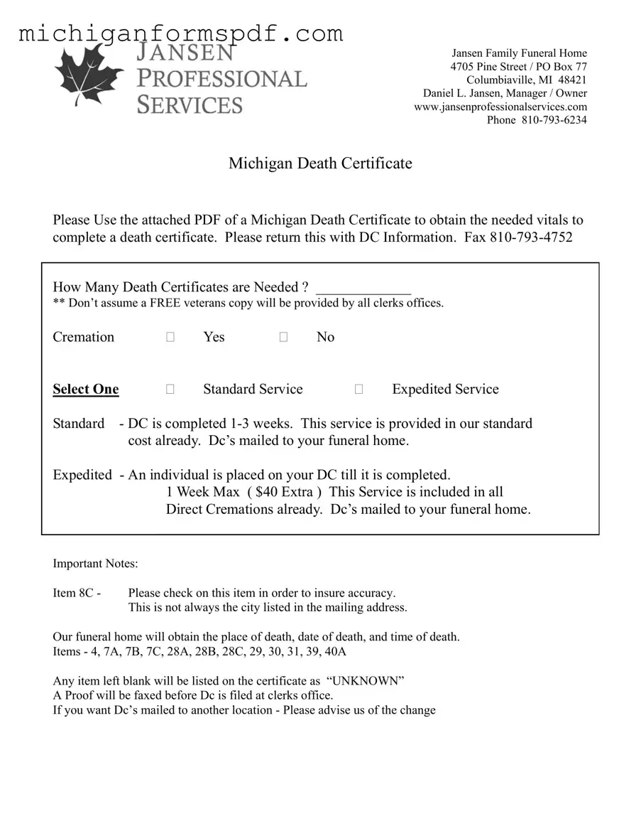 Fill Your Michigan Death Certificate Template