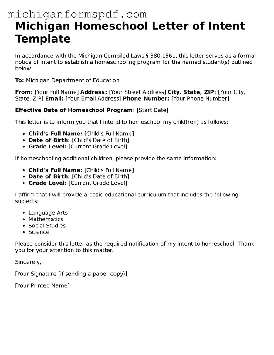 Fillable Homeschool Letter of Intent Form for Michigan