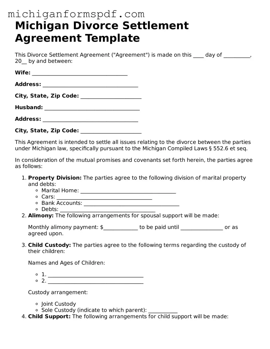 Fillable  Divorce Settlement Agreement Form for Michigan