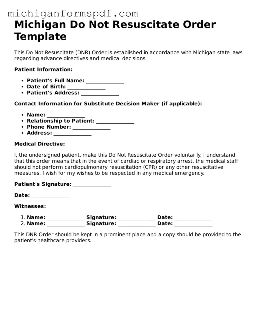 Fillable  Do Not Resuscitate Order Form for Michigan