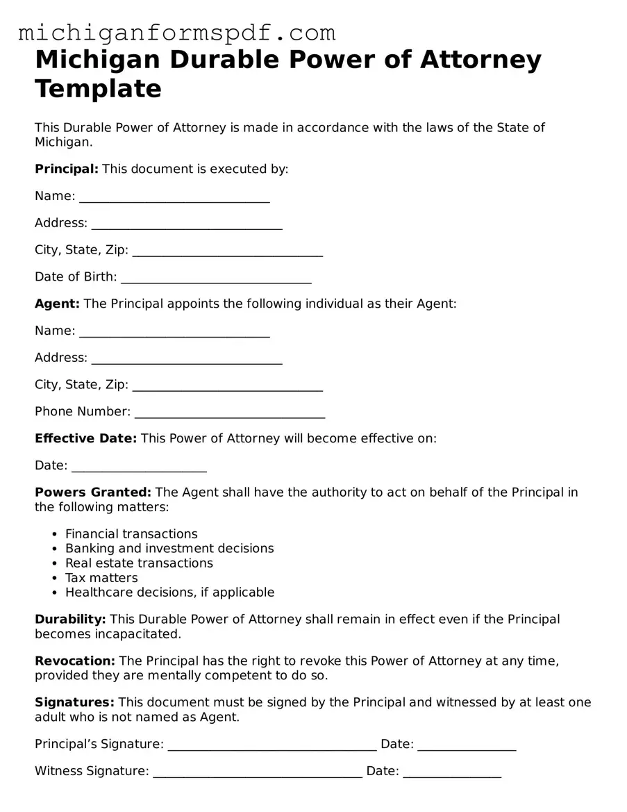 Fillable  Durable Power of Attorney Form for Michigan