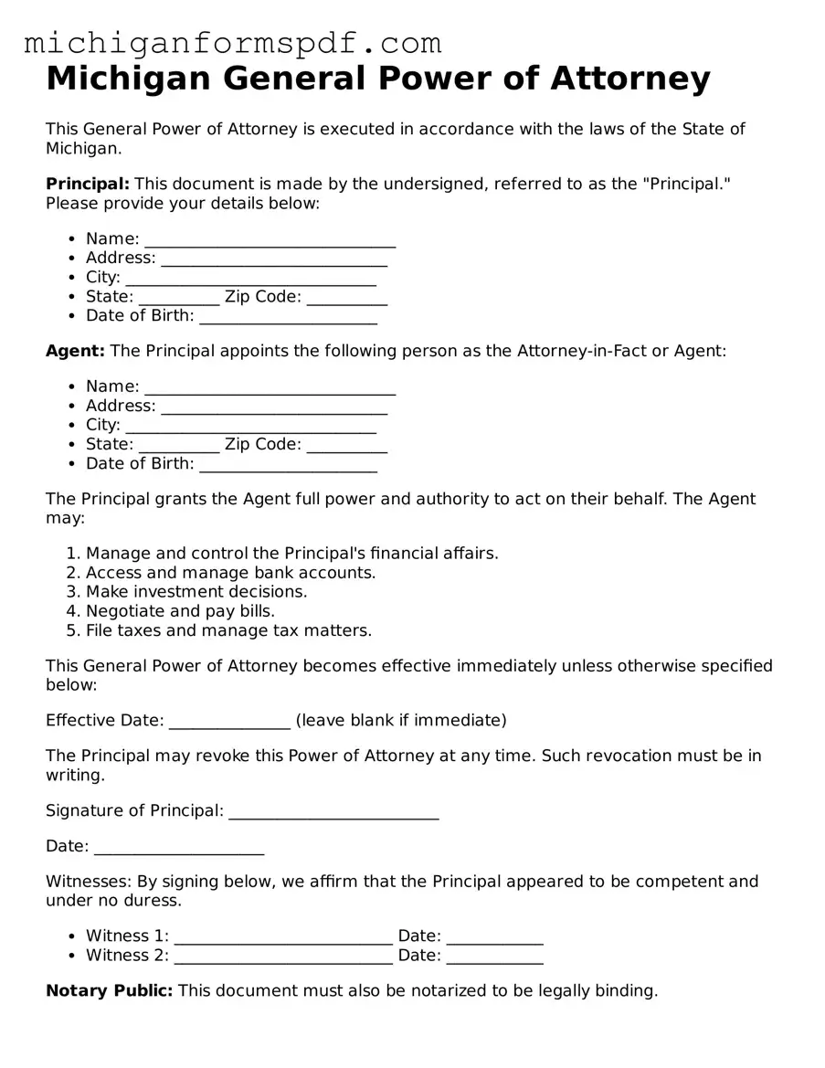 Fillable  General Power of Attorney Form for Michigan