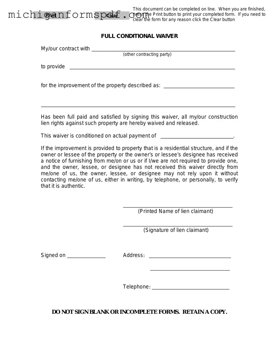 Fill Your Michigan Full Conditional Waiver Template