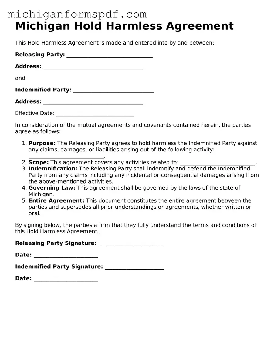 Fillable  Hold Harmless Agreement Form for Michigan