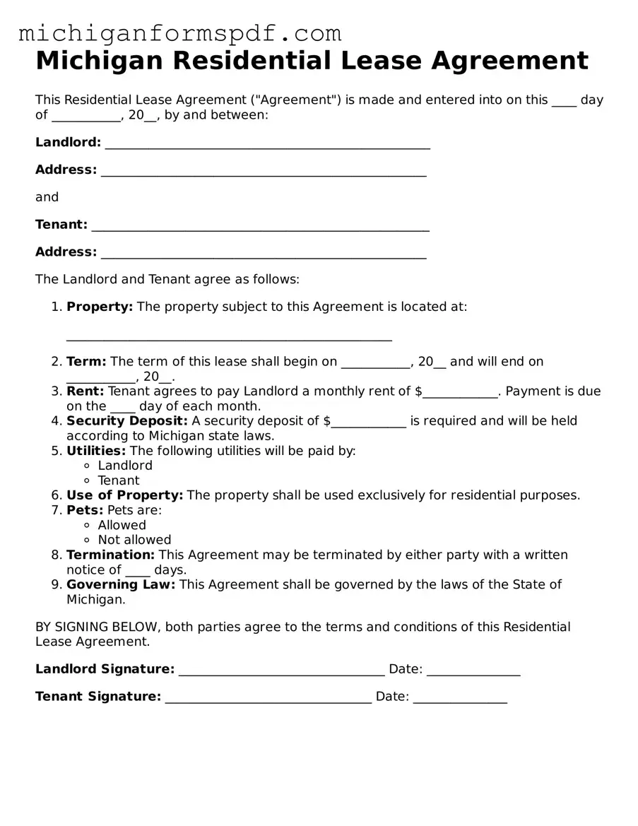 Fillable  Residential Lease Agreement Form for Michigan