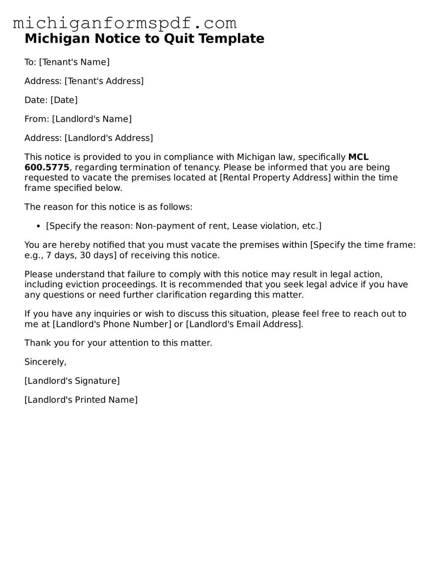 Fillable Notice to Quit Form for Michigan