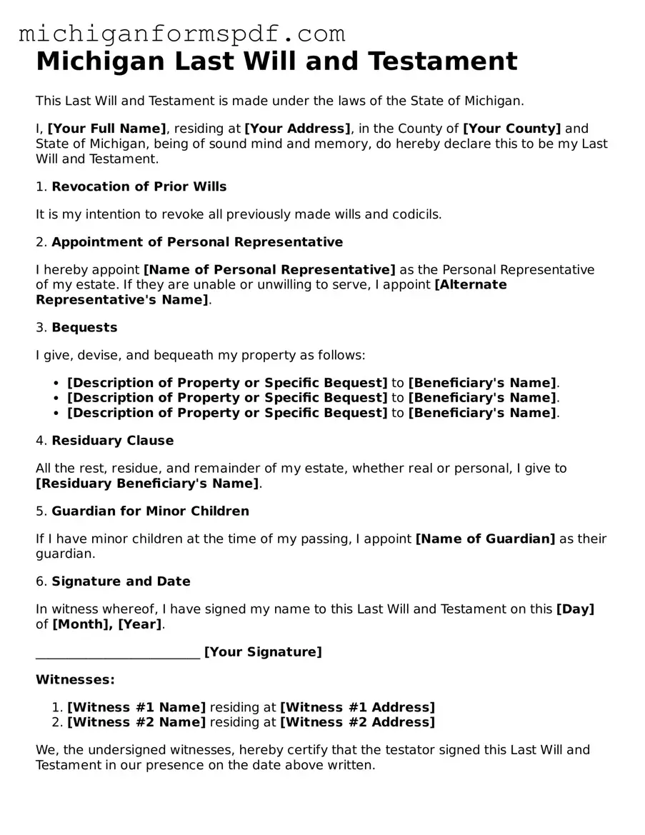 Fillable  Last Will and Testament Form for Michigan