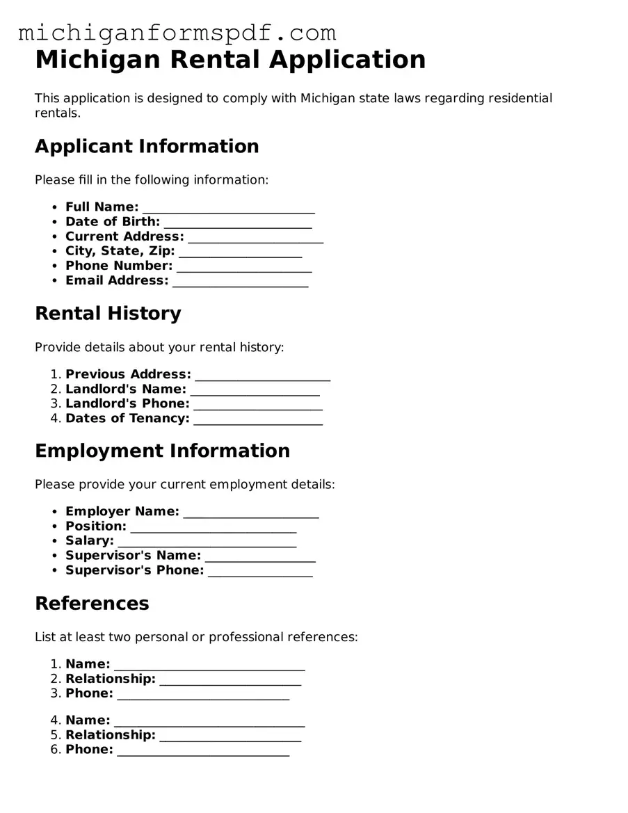 Fillable  Rental Application Form for Michigan