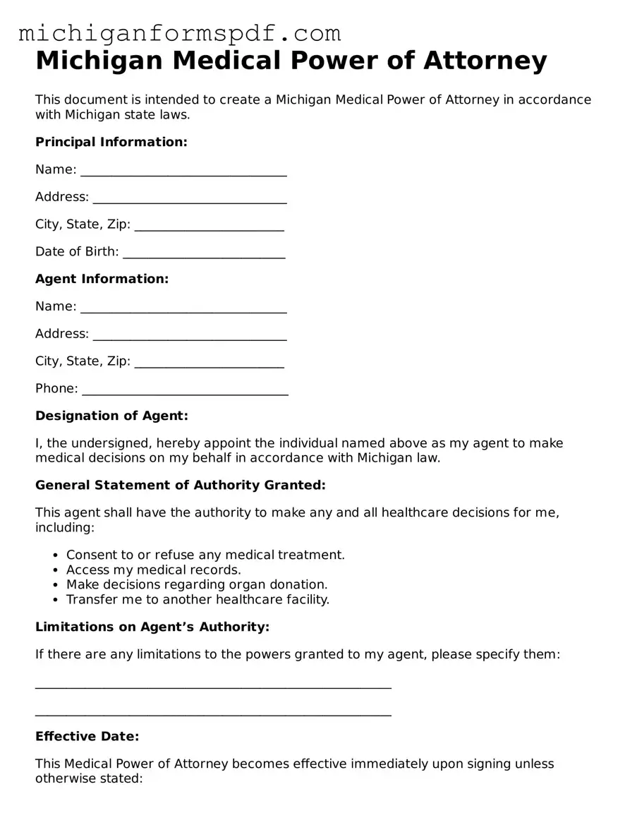 Fillable  Medical Power of Attorney Form for Michigan