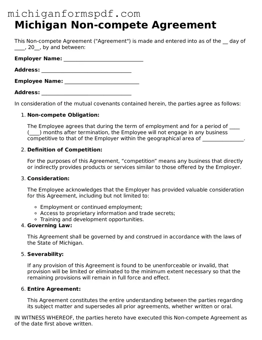 Fillable  Non-compete Agreement Form for Michigan