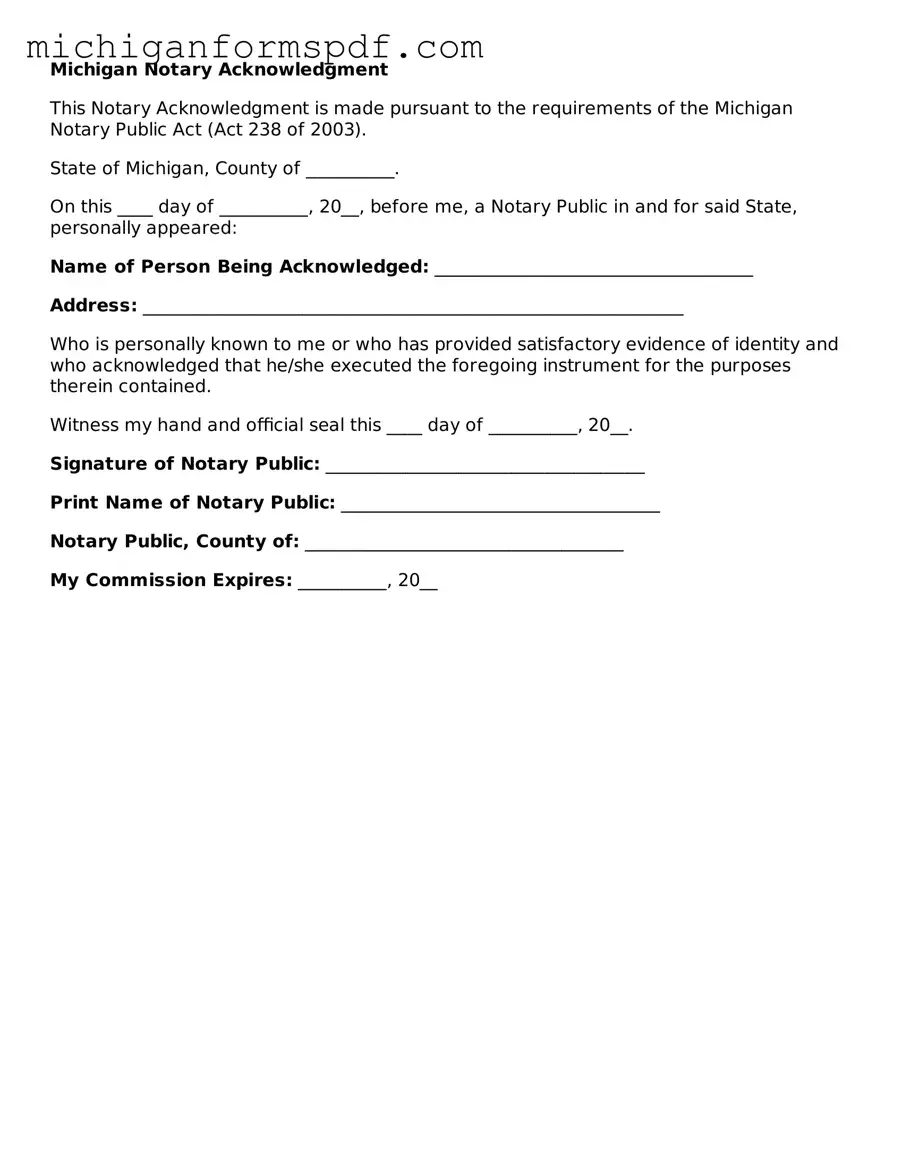 Fillable Notary Acknowledgement Form for Michigan