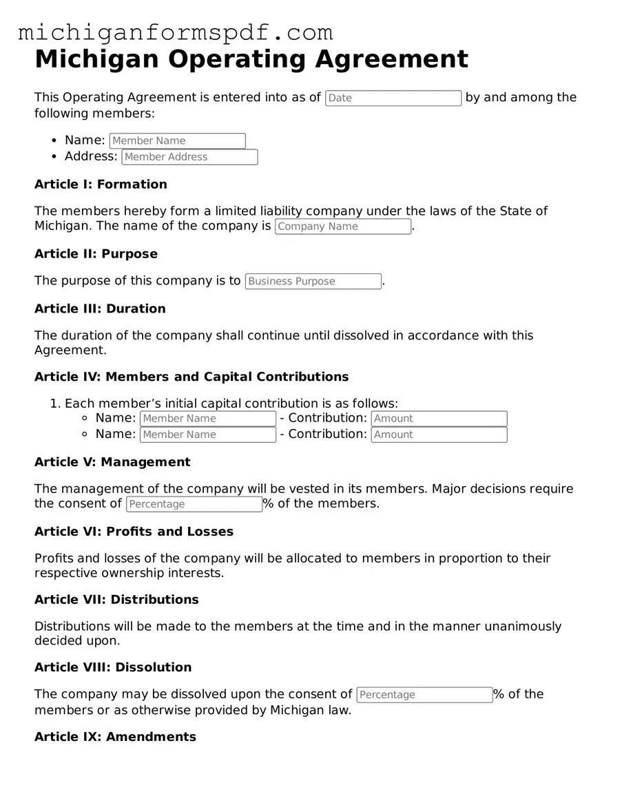 Fillable  Operating Agreement Form for Michigan
