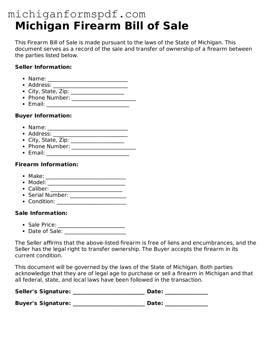 Fillable  Firearm Bill of Sale Form for Michigan