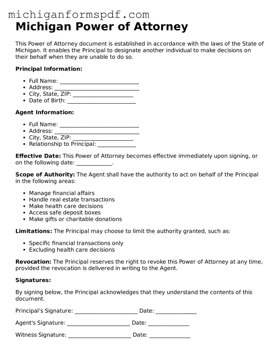 Fillable  Power of Attorney Form for Michigan