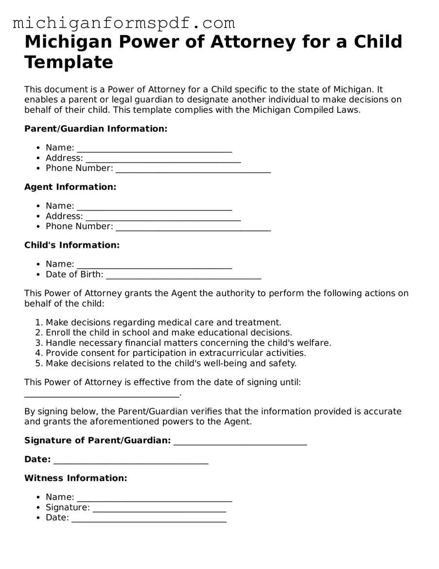 Fillable  Power of Attorney for a Child Form for Michigan