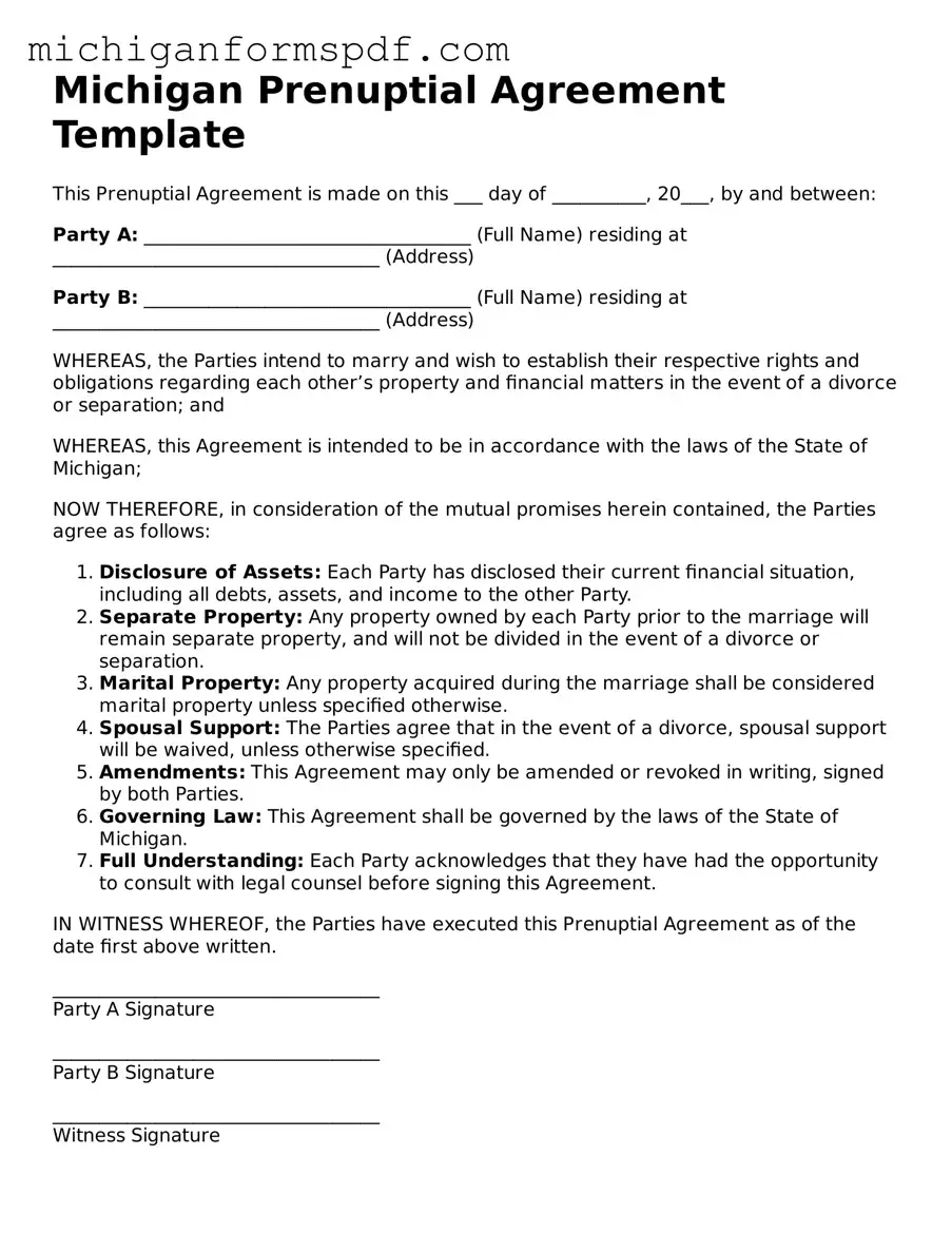 Fillable  Prenuptial Agreement Form for Michigan
