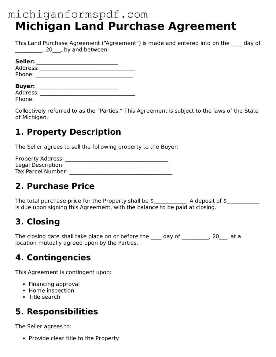 Fillable  Land Purchase Agreement Form for Michigan