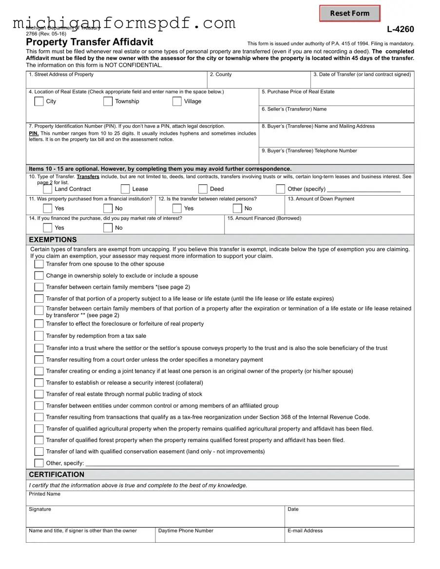 Fill Your Michigan Property Transfer Affidavit 2766 Template
