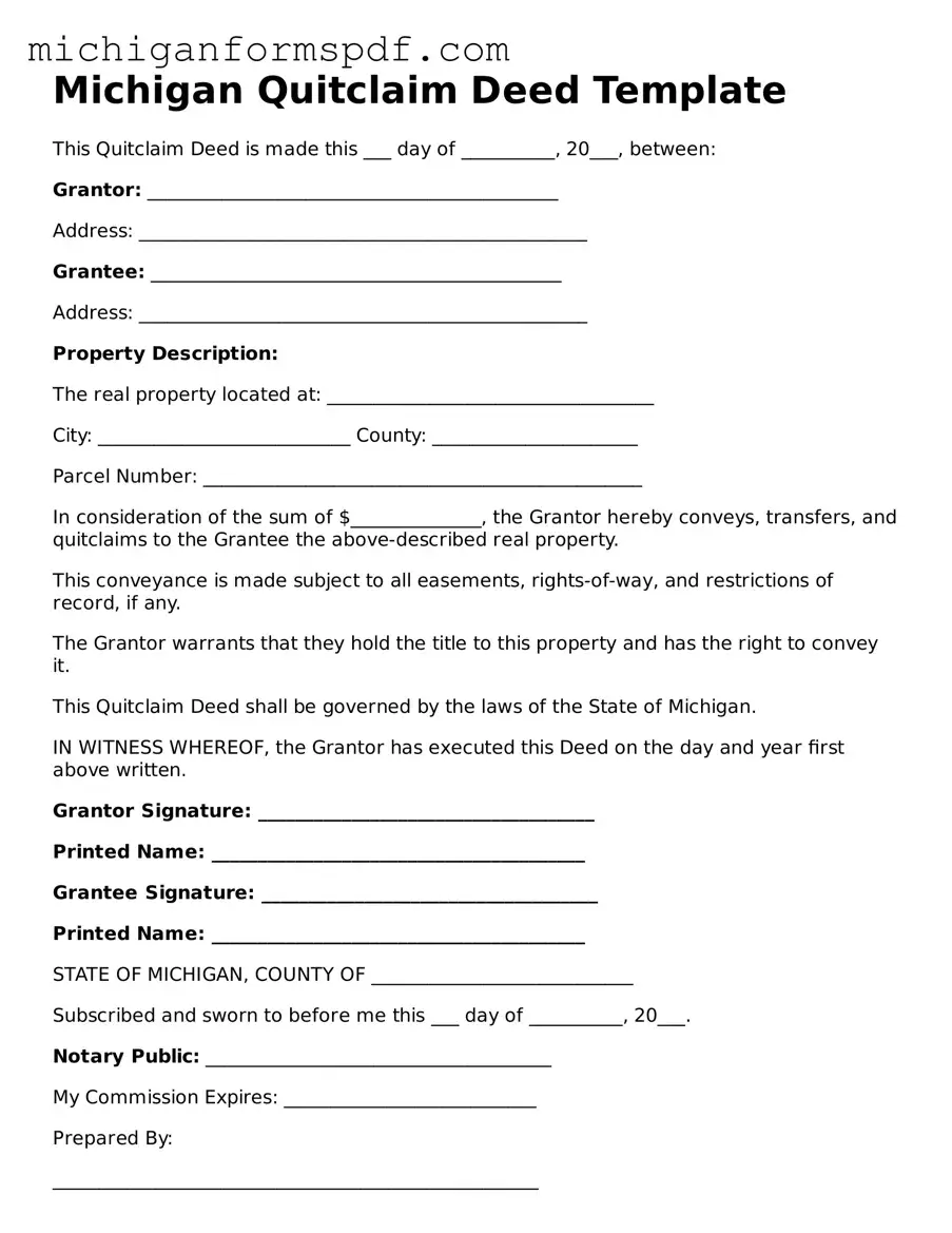 Fillable  Quitclaim Deed Form for Michigan