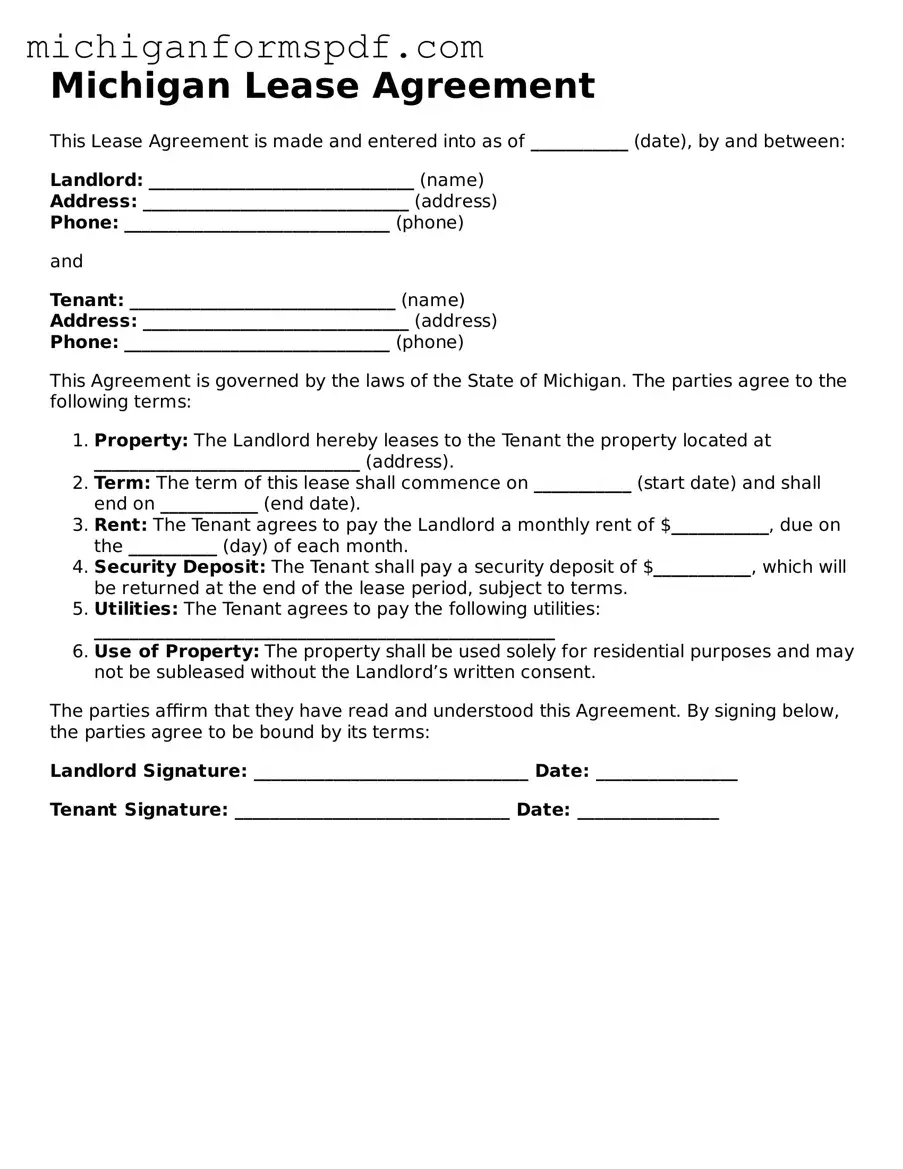 Fillable  Lease Agreement Form for Michigan