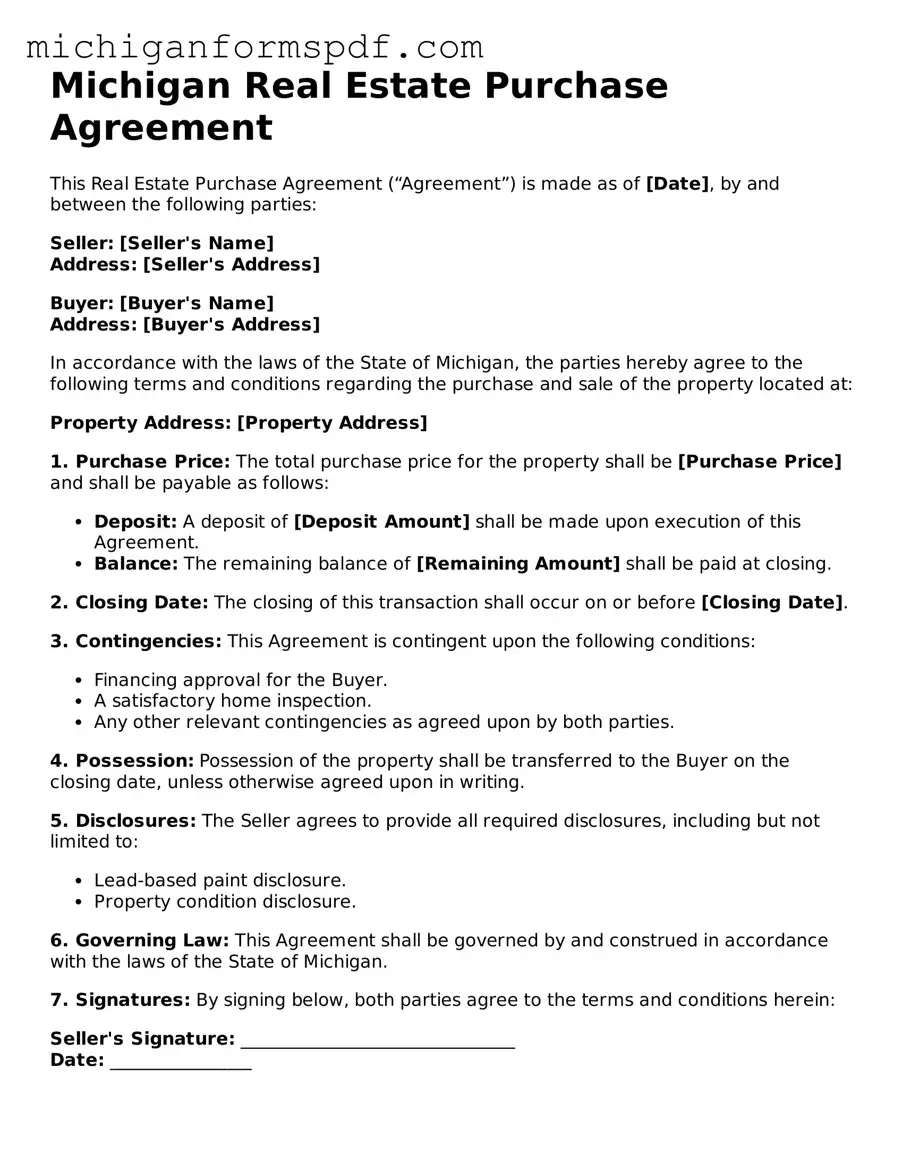 Fillable  Real Estate Purchase Agreement Form for Michigan