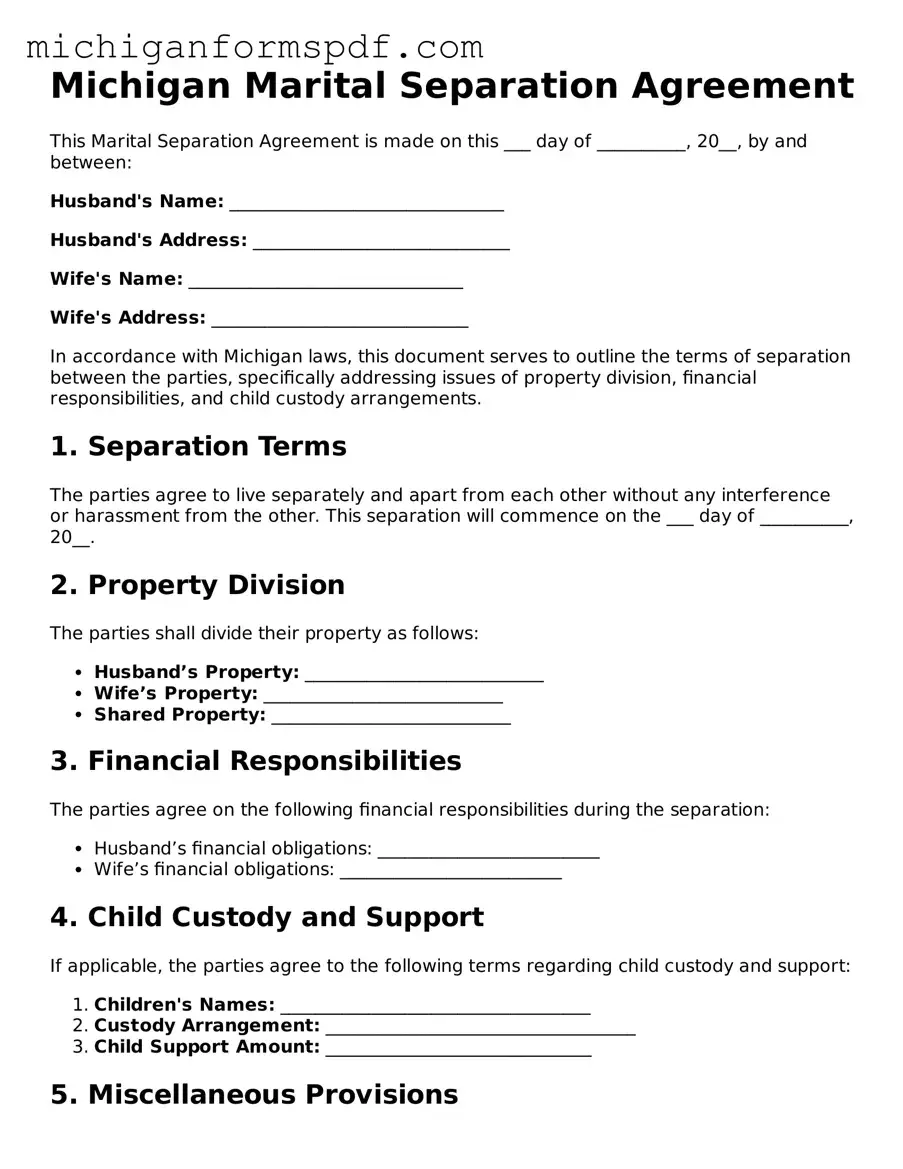 Fillable  Marital Separation Agreement Form for Michigan