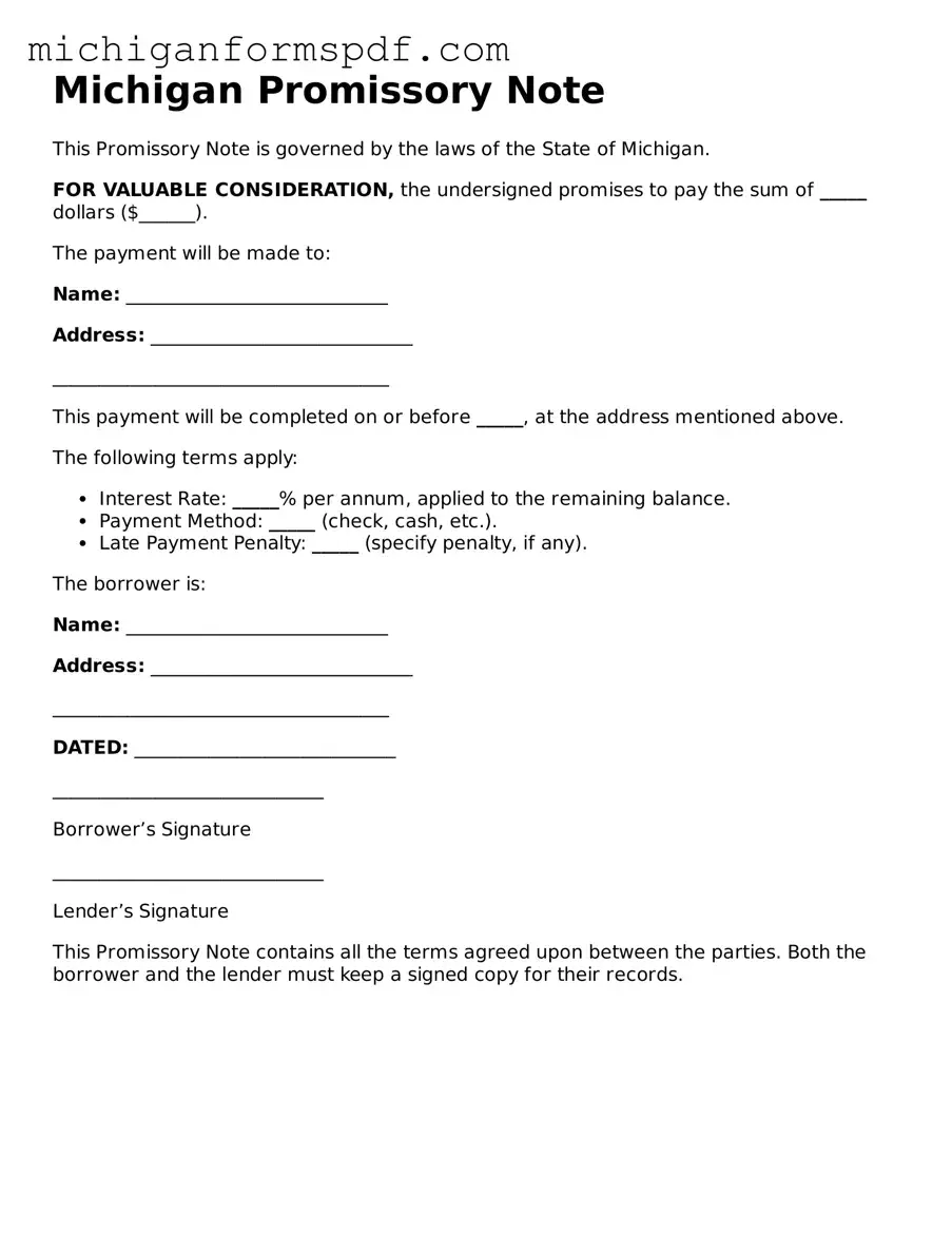 Fillable  Promissory Note Form for Michigan