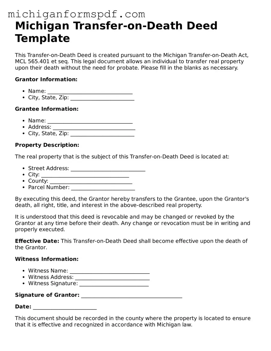 Fillable  Transfer-on-Death Deed Form for Michigan