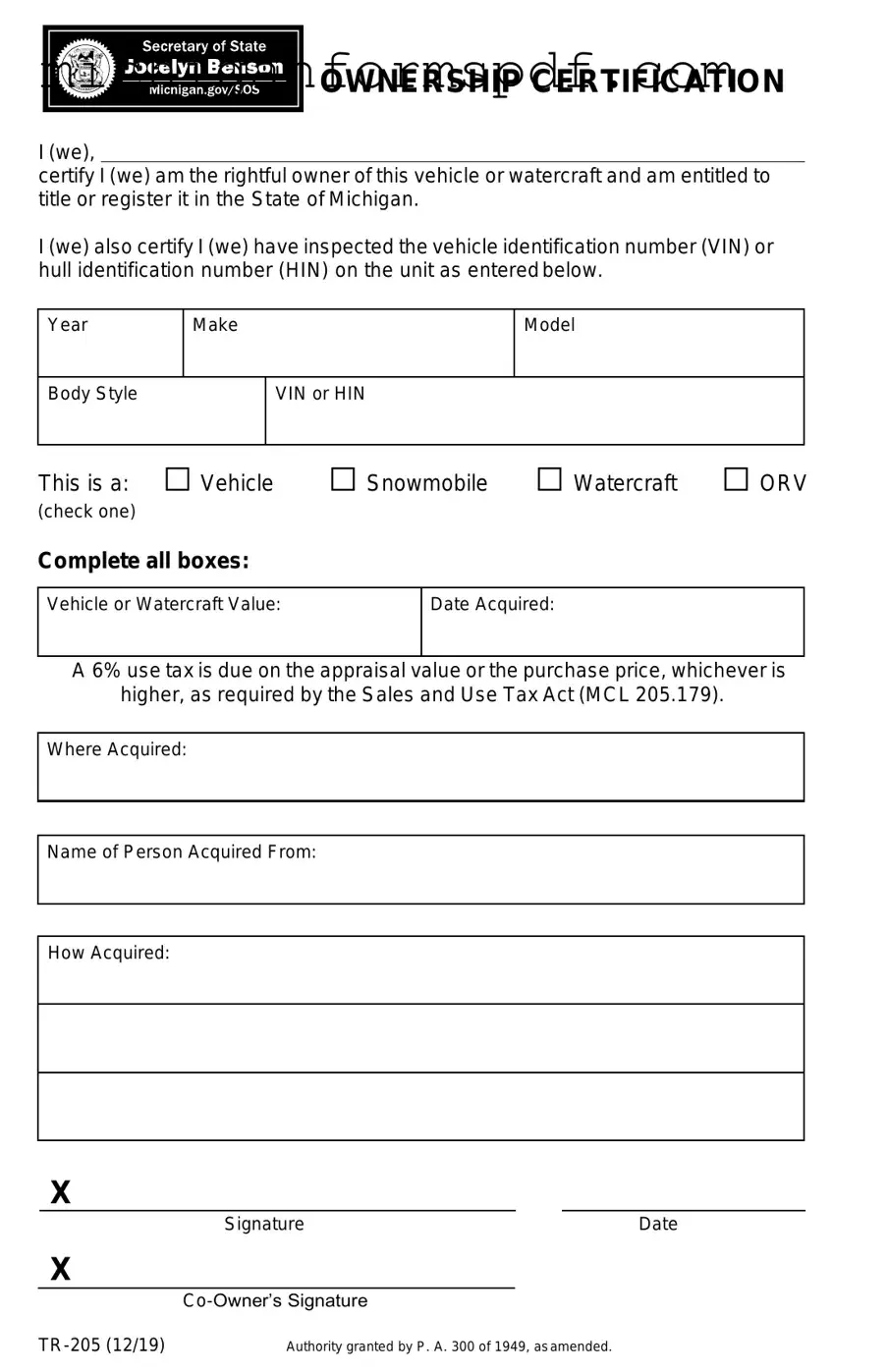 Fill Your Michigan Tr 205 Template