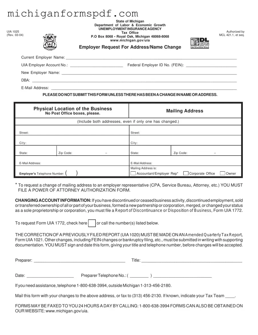Fill Your Michigan Uia 1025 Template
