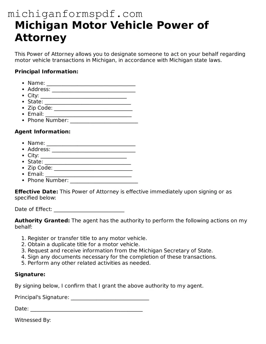 Fillable  Motor Vehicle Power of Attorney Form for Michigan