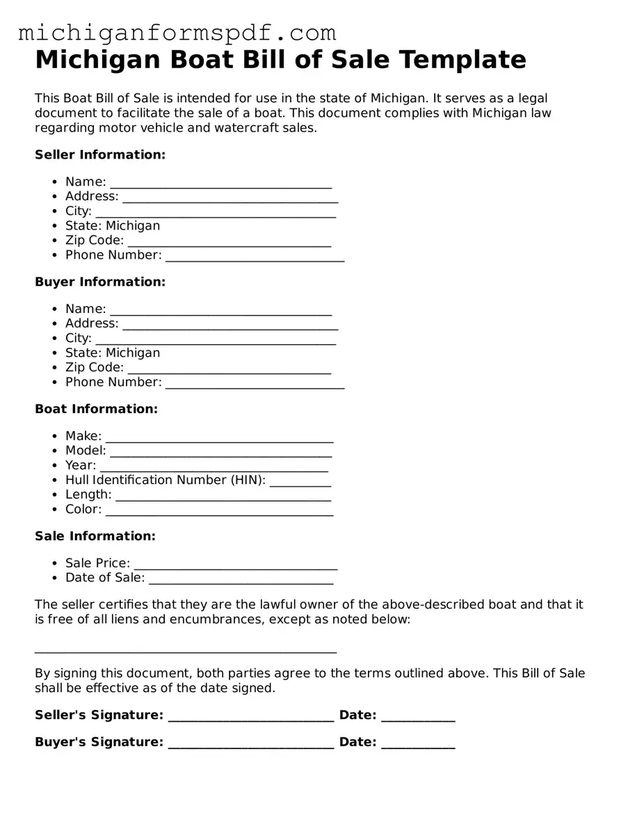 Fillable  Boat Bill of Sale Form for Michigan