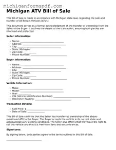 Fillable  ATV Bill of Sale Form for Michigan